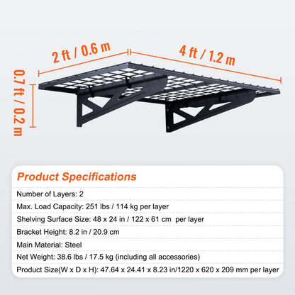 ML2448 - Metal Garage Wall Shelving, 251 lbs Capacity, Easy Installation