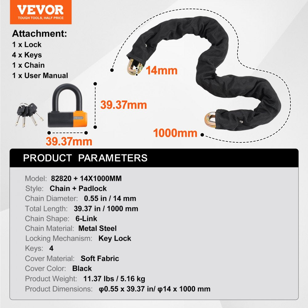 82820 - 100cm VEVOR Heavy-Duty Bike Chain Lock for Enhanced Security