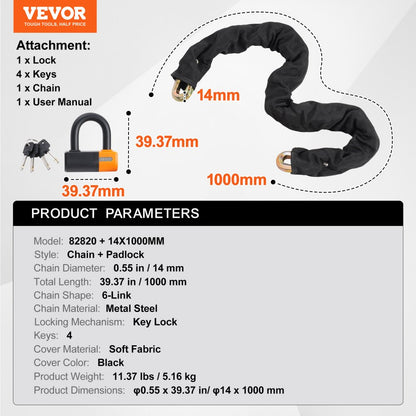 82820 - 100cm VEVOR Heavy-Duty Bike Chain Lock for Enhanced Security