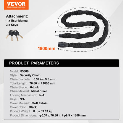 85902 - 180cm Heavy Duty Steel Bike Chain Lock with 4 Keys