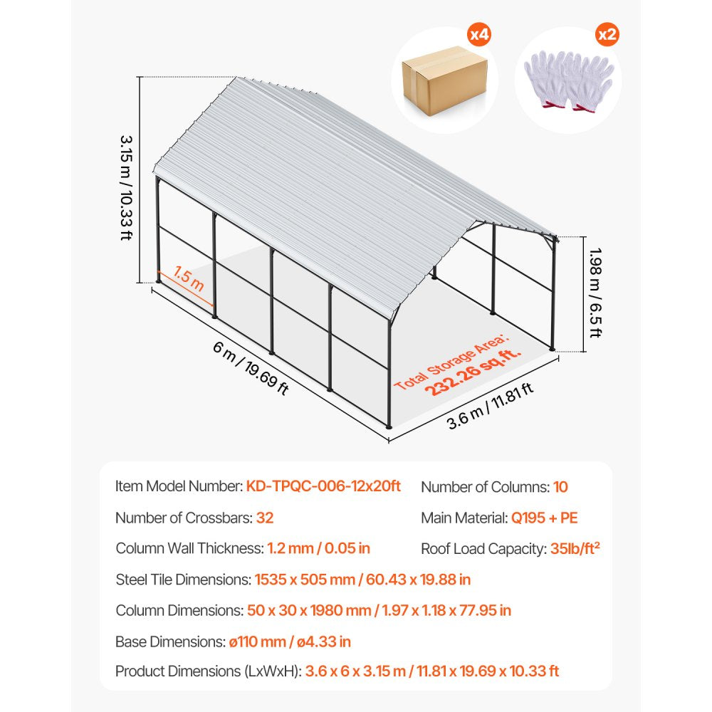 KD-TPQC-006-12x20ft - Durable 12' x 20' Steel Carport for Boats & Vehicles