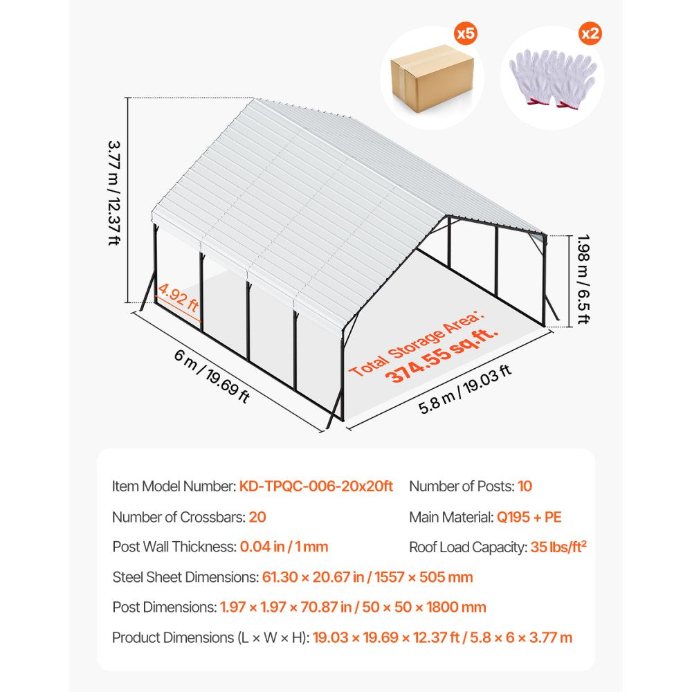 KD-TPQC-006-20x20ft - 20x20 ft Heavy-Duty Steel Carport for All Weather Protection