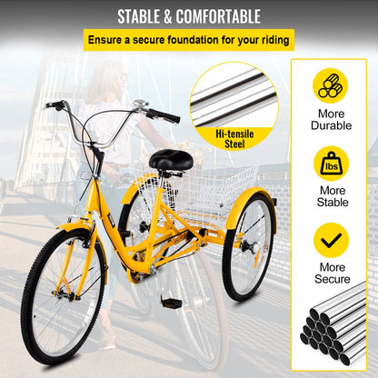 010712661265 - 24" High Carbon Steel Adult Tricycle with Basket and Safety Brakes