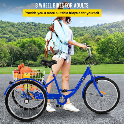 010225000976 - 24" High Carbon Steel Adult Tricycle with Spacious Basket