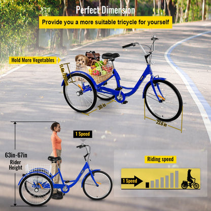 010225000976 - 24" High Carbon Steel Adult Tricycle with Spacious Basket