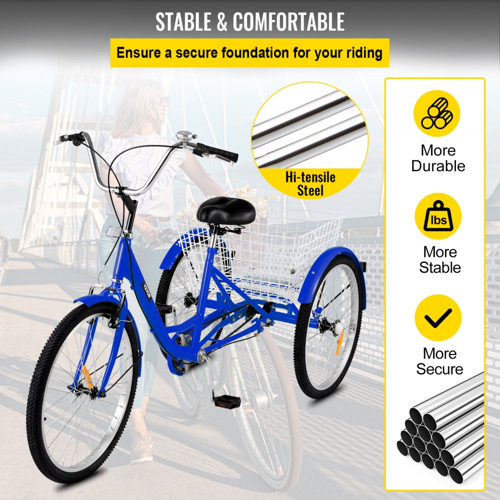 010225000976 - 24" High Carbon Steel Adult Tricycle with Spacious Basket
