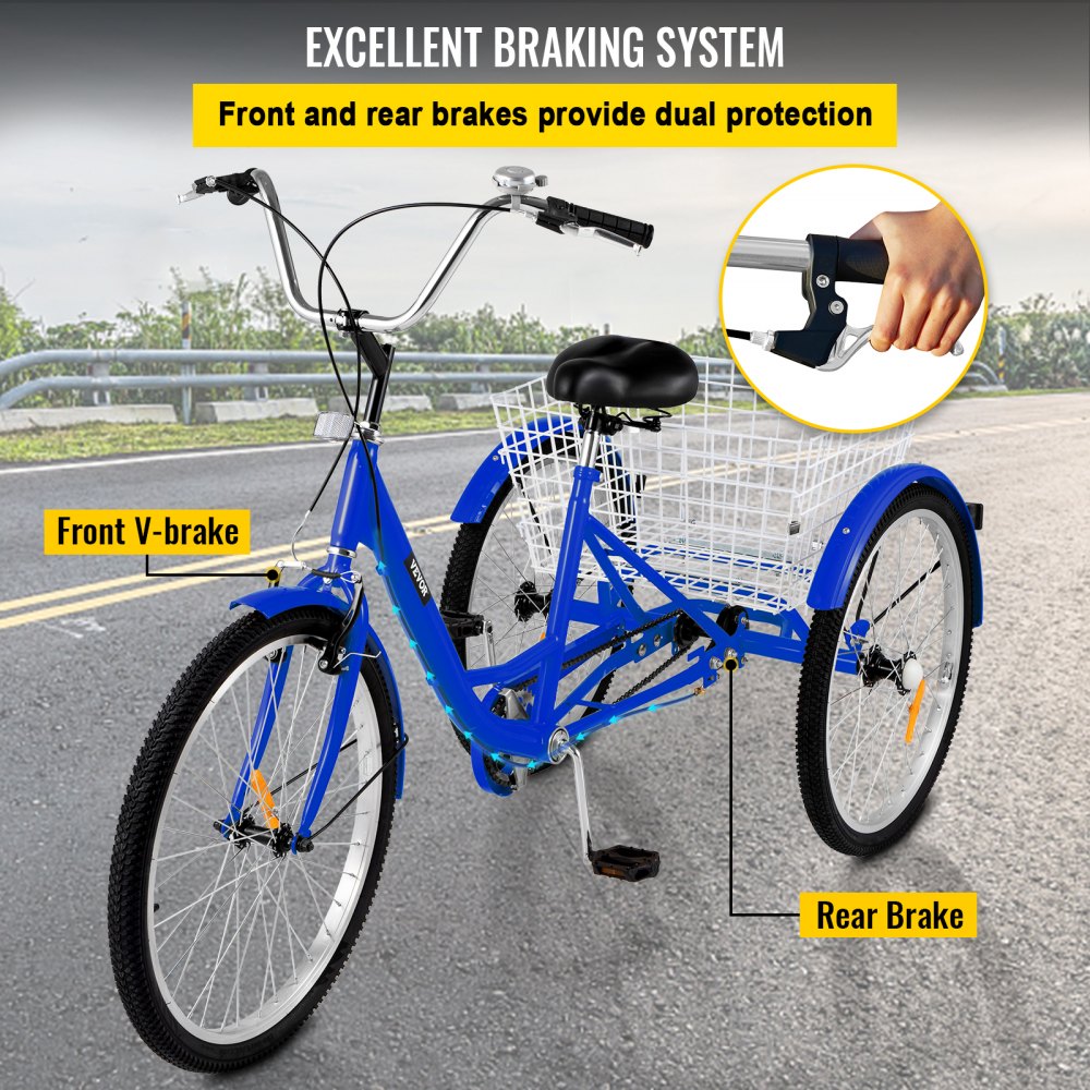 010225000976 - 24" High Carbon Steel Adult Tricycle with Spacious Basket