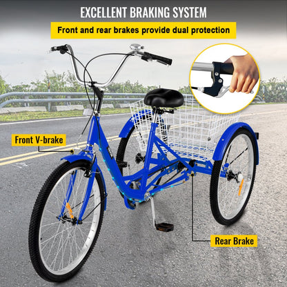 010225000976 - 24" High Carbon Steel Adult Tricycle with Spacious Basket
