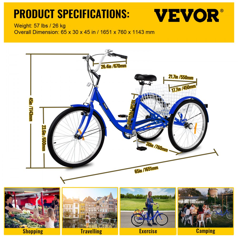 010225000976 - 24" High Carbon Steel Adult Tricycle with Spacious Basket