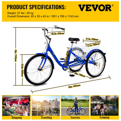 010225000976 - 24" High Carbon Steel Adult Tricycle with Spacious Basket