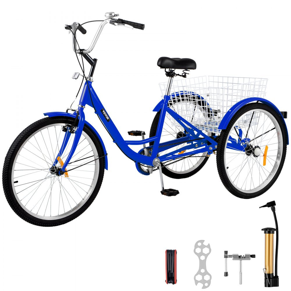 010225000976 - 24" High Carbon Steel Adult Tricycle with Spacious Basket