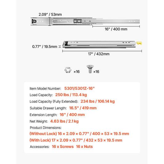 5301/5301Z-16" - Heavy-Duty Steel Drawer Slides with Locking Mechanism