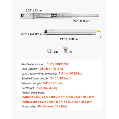 5301/5301Z-24" - Heavy-Duty 24.8" Full Extension Drawer Slides, Steel Construction