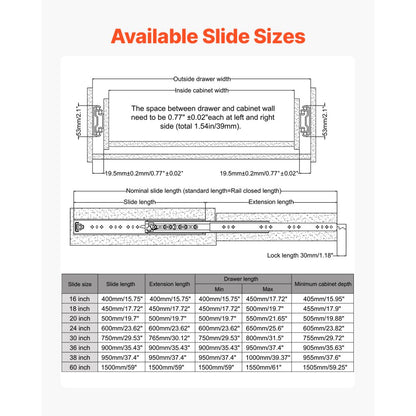 5301/5301Z-60 - 60" Steel Drawer Slides, 250 lbs Load Capacity