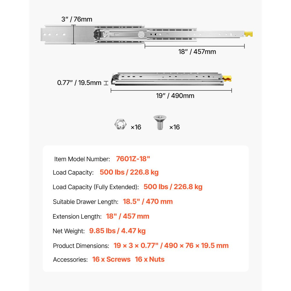 7601Z-18" - Heavy-Duty 19" Steel Drawer Slides, 500 lbs Capacity