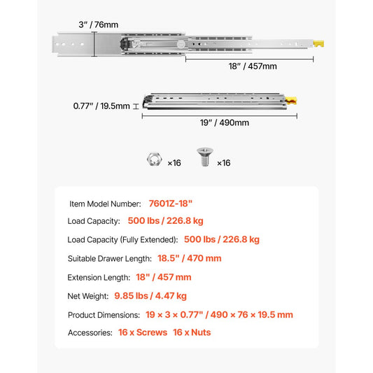 7601Z-18" - Heavy-Duty 19" Steel Drawer Slides, 500 lbs Capacity