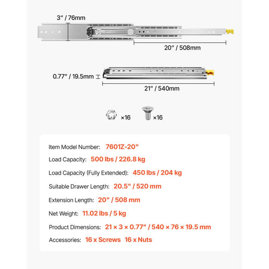 7601Z-20 - Heavy-Duty Steel Drawer Slides, 18-60 in Full Extension, 500 lbs Capacity