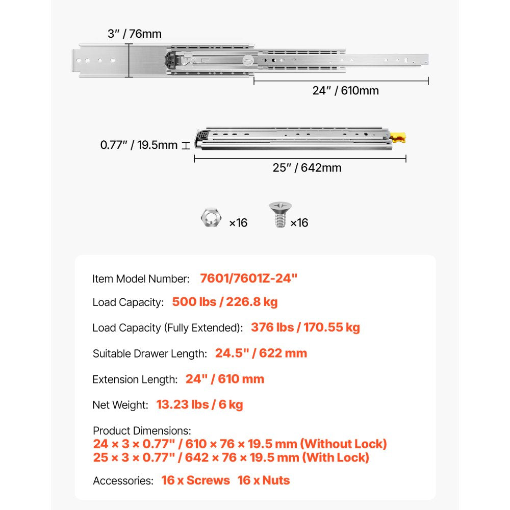 7601/7601Z-24" - Heavy-Duty 24" Drawer Slides, 500lbs Capacity
