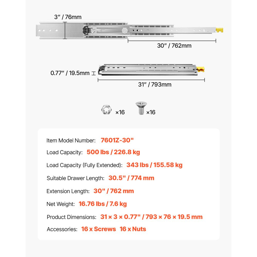 7601Z-30 - Heavy-Duty 31in Steel Drawer Slides, Full Extension, 500lbs Capacity