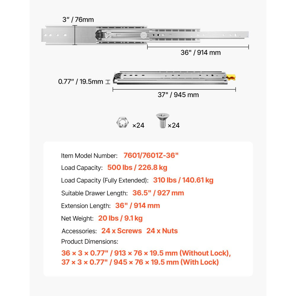 7601/7601Z-36" - Heavy-Duty Full Extension Drawer Slides, 500lbs Capacity