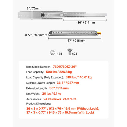 7601/7601Z-36" - Heavy-Duty Full Extension Drawer Slides, 500lbs Capacity