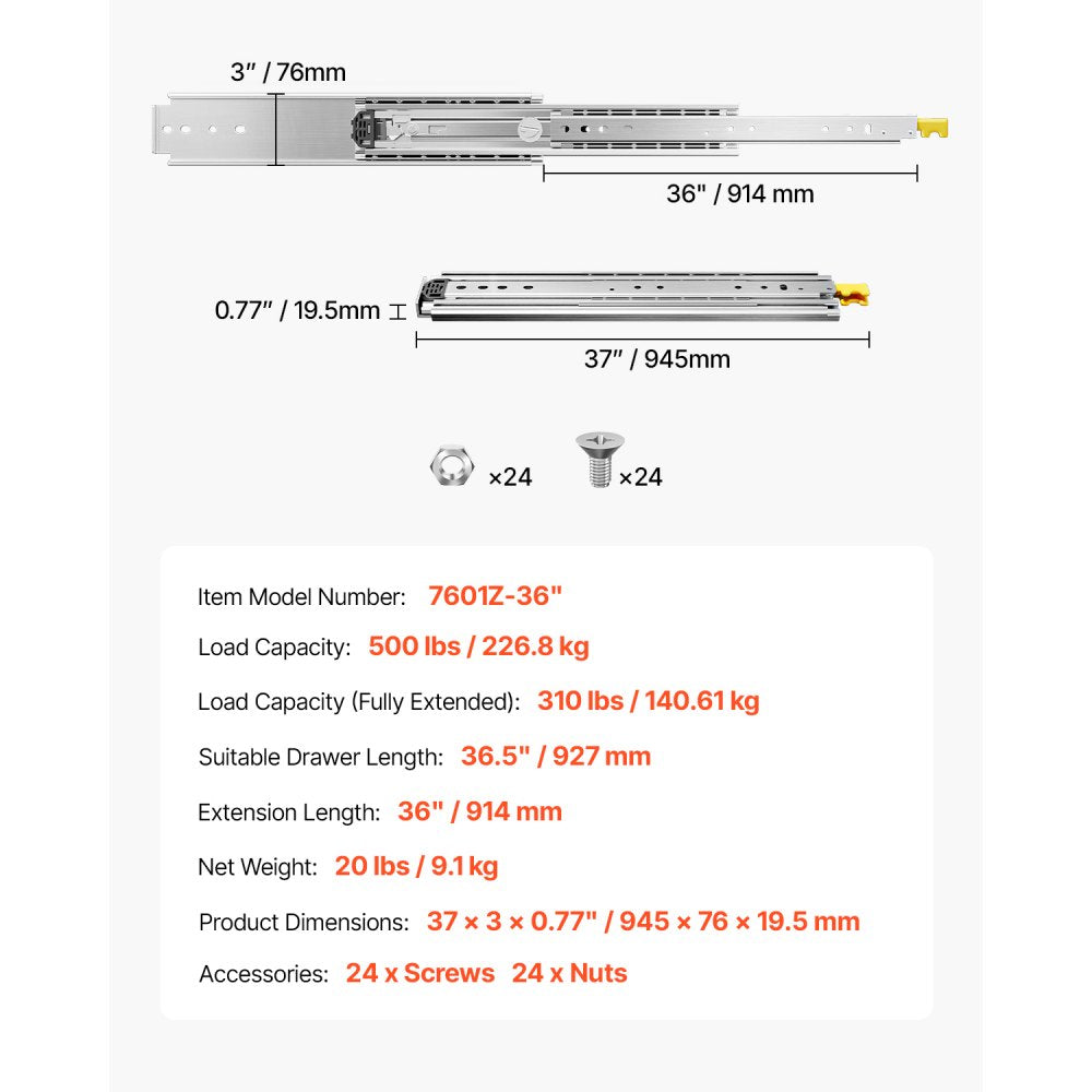 7601Z-36" - Heavy-Duty Steel Drawer Slides, Full Extension, 500lbs Capacity