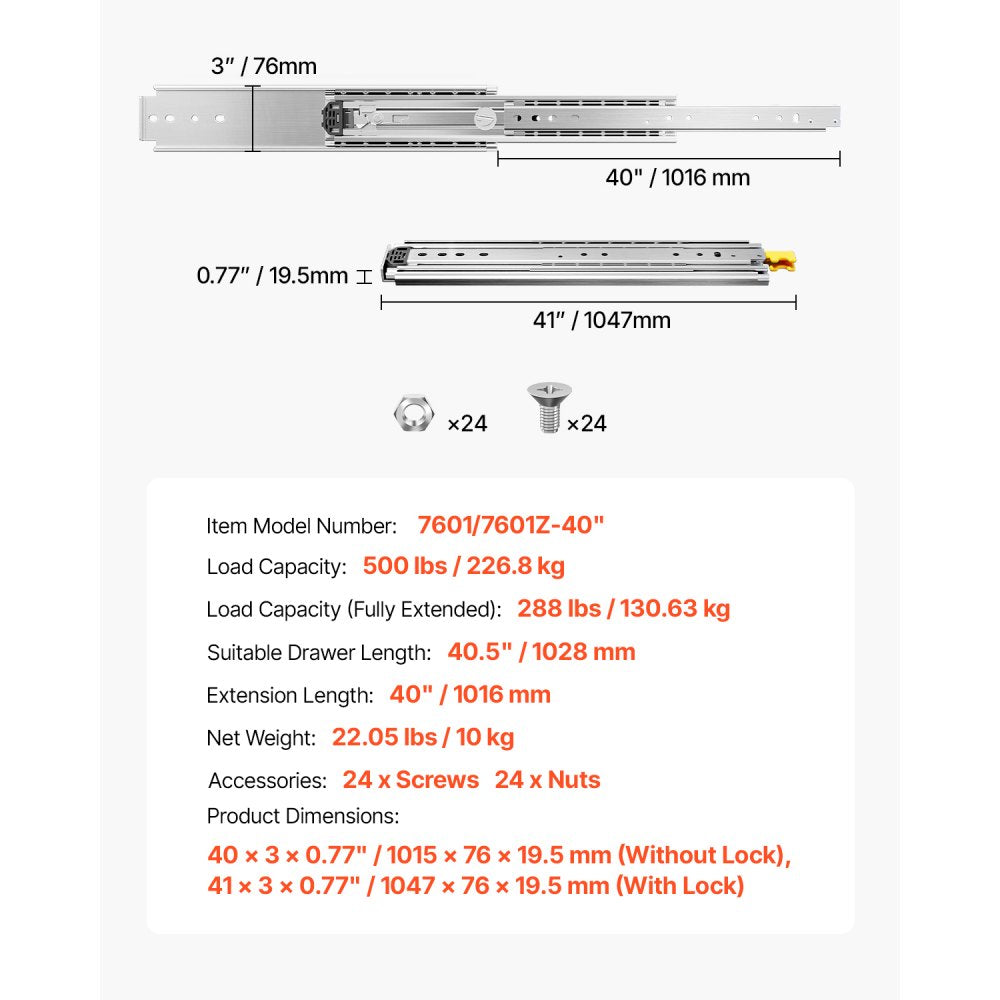 7601/7601Z-40" - Heavy-Duty 41" Steel Drawer Slides with Full Extension