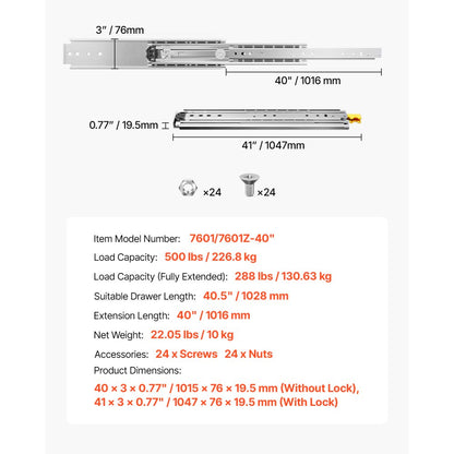 7601/7601Z-40" - Heavy-Duty 41" Steel Drawer Slides with Full Extension