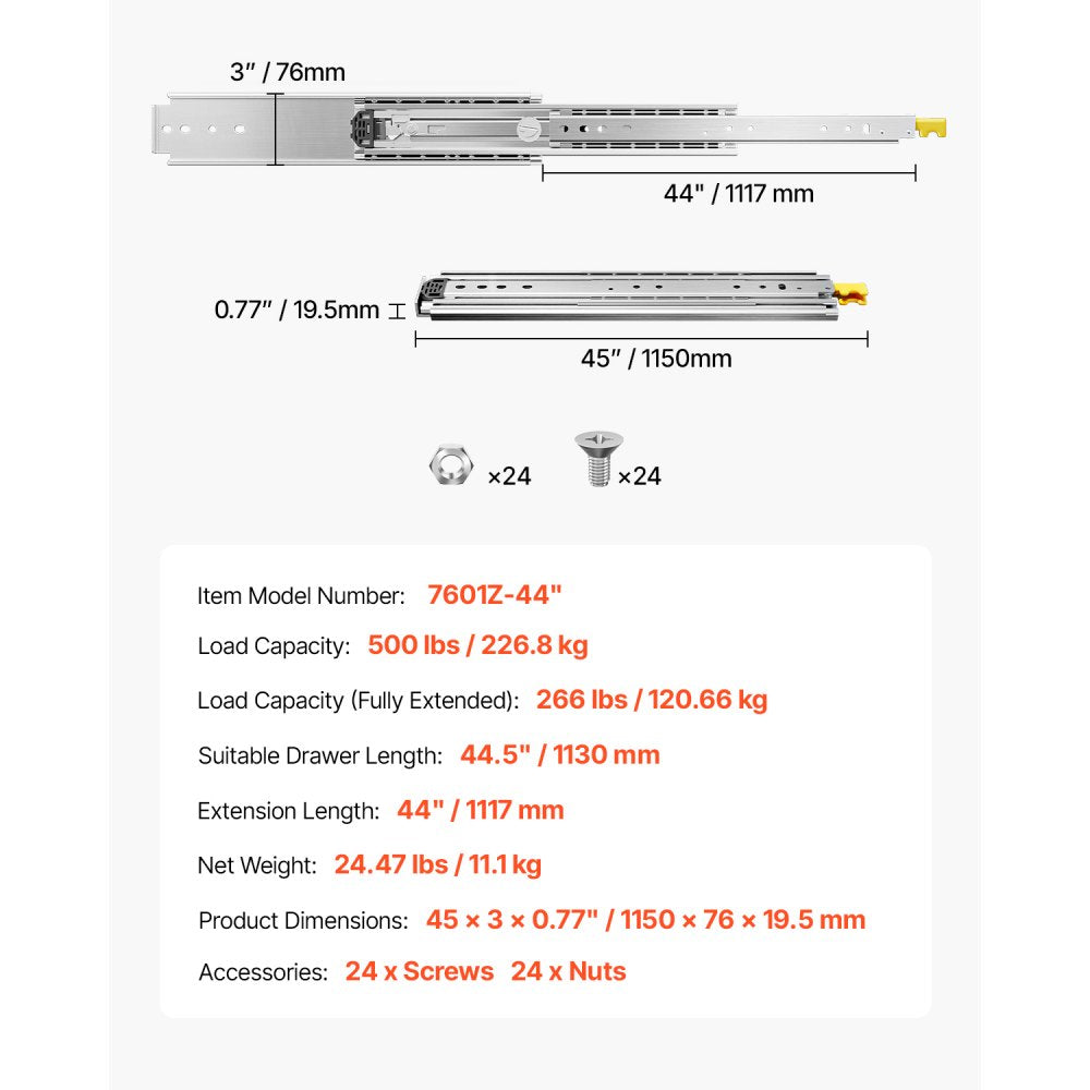 7601Z-44 - Heavy-Duty 500 lbs Soft-Close Drawer Slides with Dual-Lock Mechanism