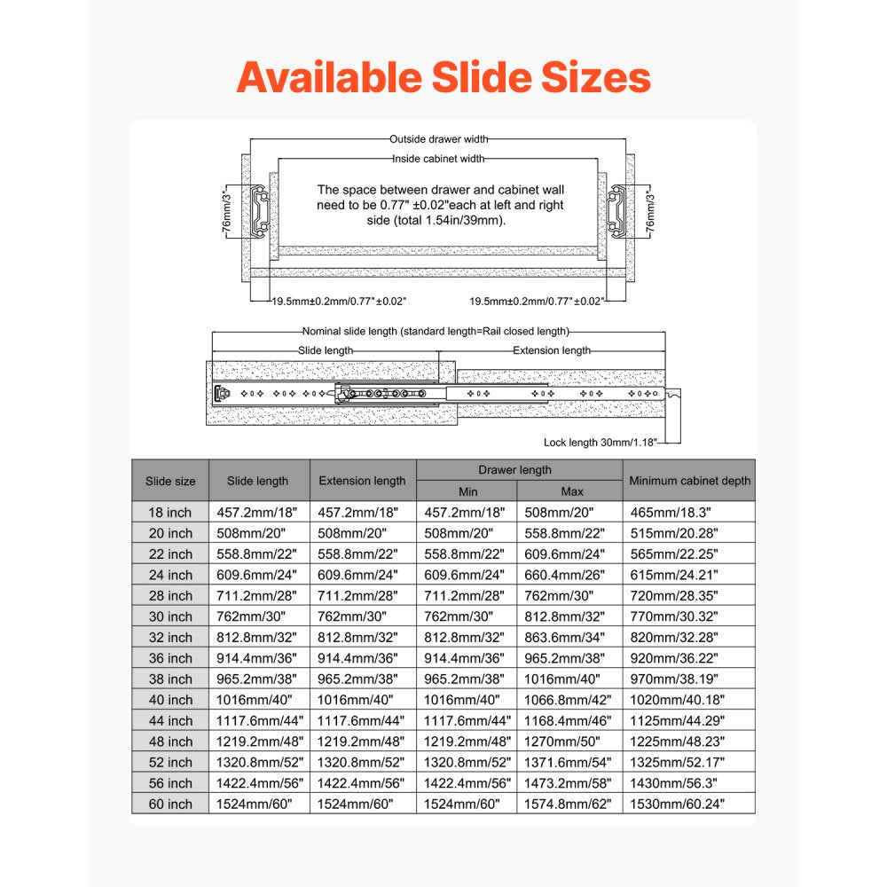 7601/7601Z-48" - Heavy-Duty Steel Drawer Slides, Full Extension 16-60 in