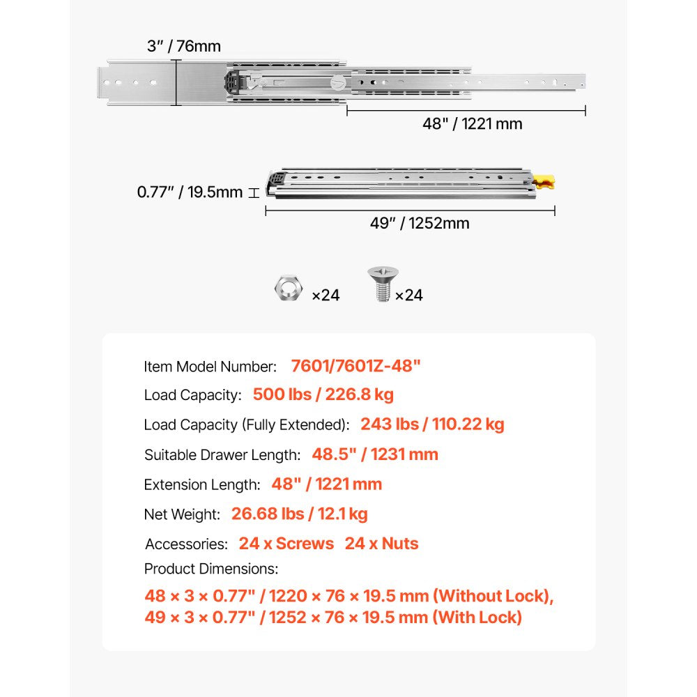 7601/7601Z-48" - Heavy-Duty Steel Drawer Slides, Full Extension 16-60 in