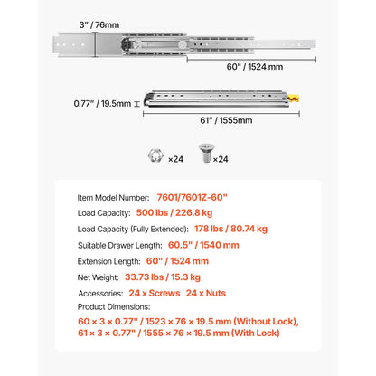 7601/7601Z-60" - Heavy-Duty 61" Steel Drawer Slides, 500 lbs Capacity
