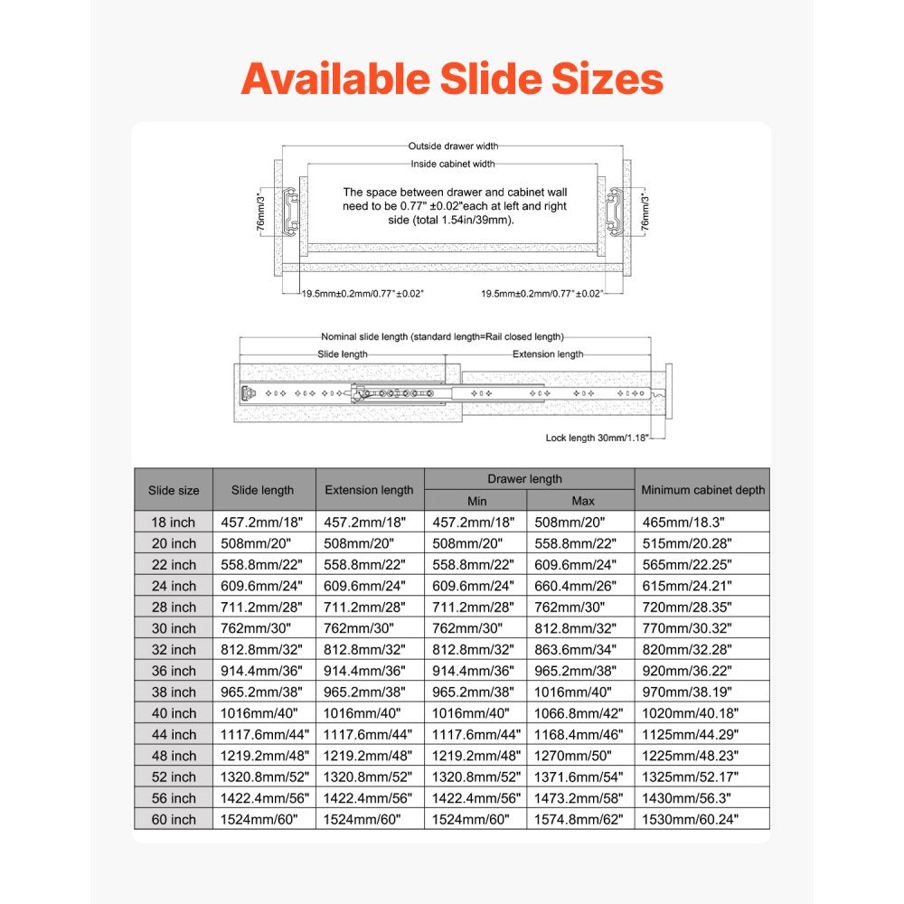 7601Z-60 - 3 in Steel Drawer Slides, 500 lbs Capacity, Full Extension