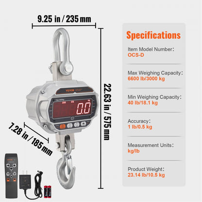 OCS-D - Heavy-Duty Digital Crane Scale, 6600 lb Capacity, Remote Control