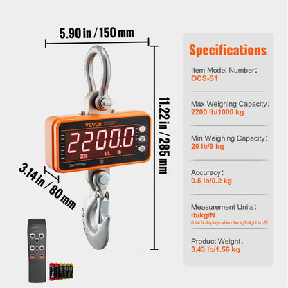 OCS-S1 - VEVOR Heavy Duty Digital Crane Scale, 20-2200 lb Capacity