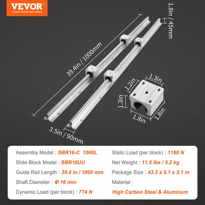 SBR16-C 1000L - 1000mm VEVOR Linear Guide Rails & 4 Slide Blocks