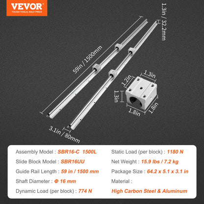 SBR16-C 1500L - 59" High-Carbon Steel Linear Guide Rail Set