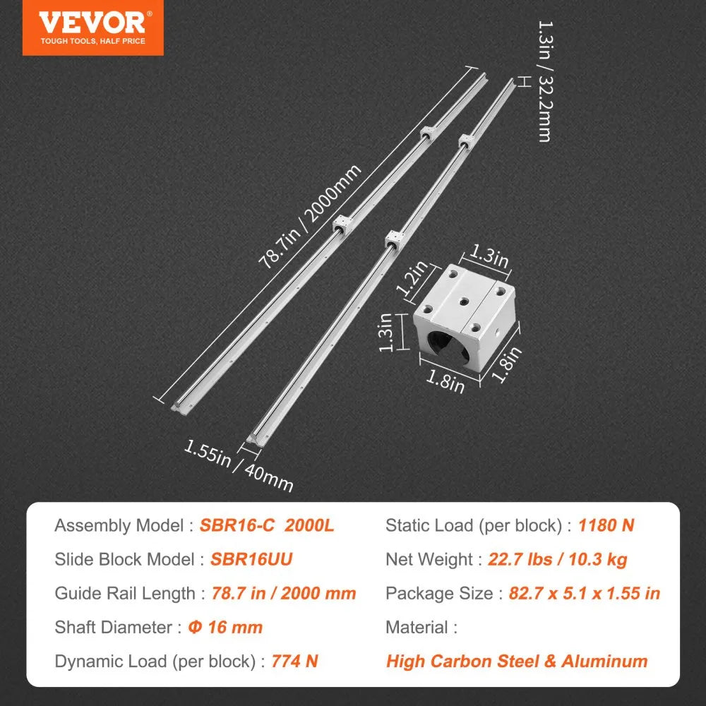 SBR16-C 2000L - 2000mm High Carbon Steel Linear Guide Rail Set