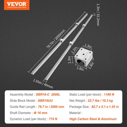 SBR16-C 2000L - 2000mm High Carbon Steel Linear Guide Rail Set