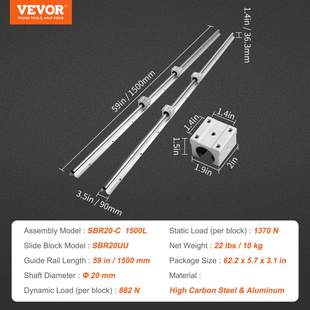 SBR20-C 1500L - 1500mm VEVOR Linear Guide Rail Set with SBR20UU Blocks