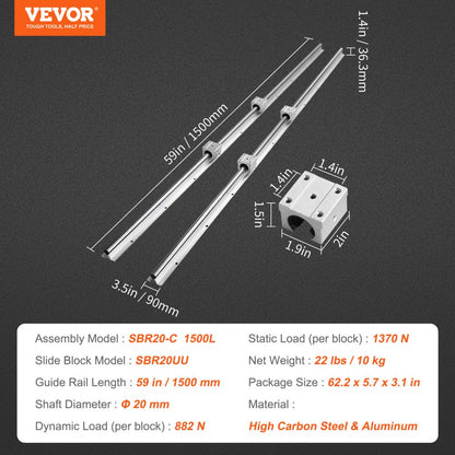 SBR20-C 1500L - 1500mm VEVOR Linear Guide Rail Set with SBR20UU Blocks