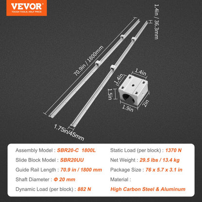 SBR20-C 1800L - 70.9" VEVOR High-Carbon Steel Linear Guide Rail Set