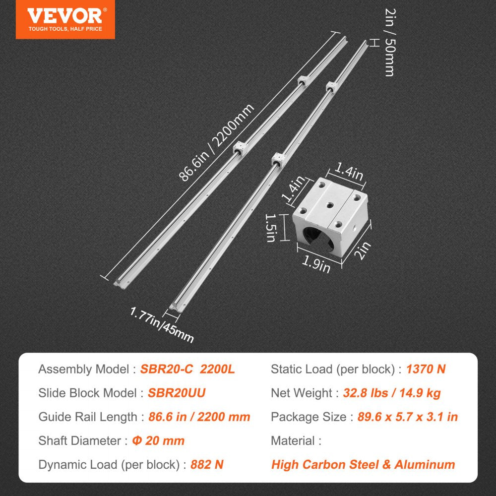 SBR20-C 2200L - 86.6 in High-Carbon Steel Linear Guide Rail Set