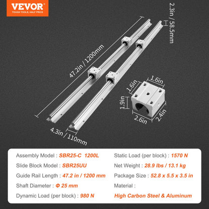 SBR25-C 1200L - 47.2" High-Carbon Steel Linear Guide Rail Set