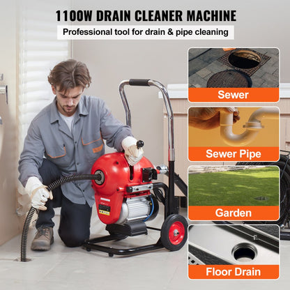 010904239832 - 120FT VEVOR Drain Cleaner with 1100W Motor & 6 Cutters