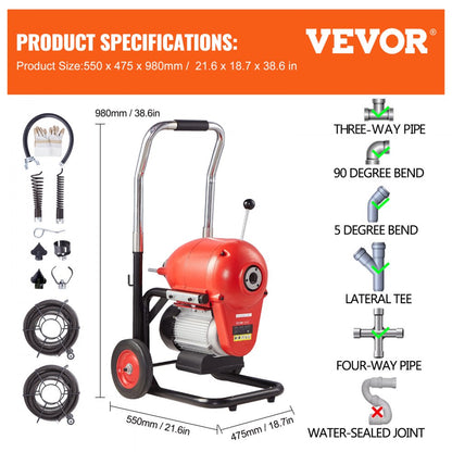 010904239832 - 120FT VEVOR Drain Cleaner with 1100W Motor & 6 Cutters