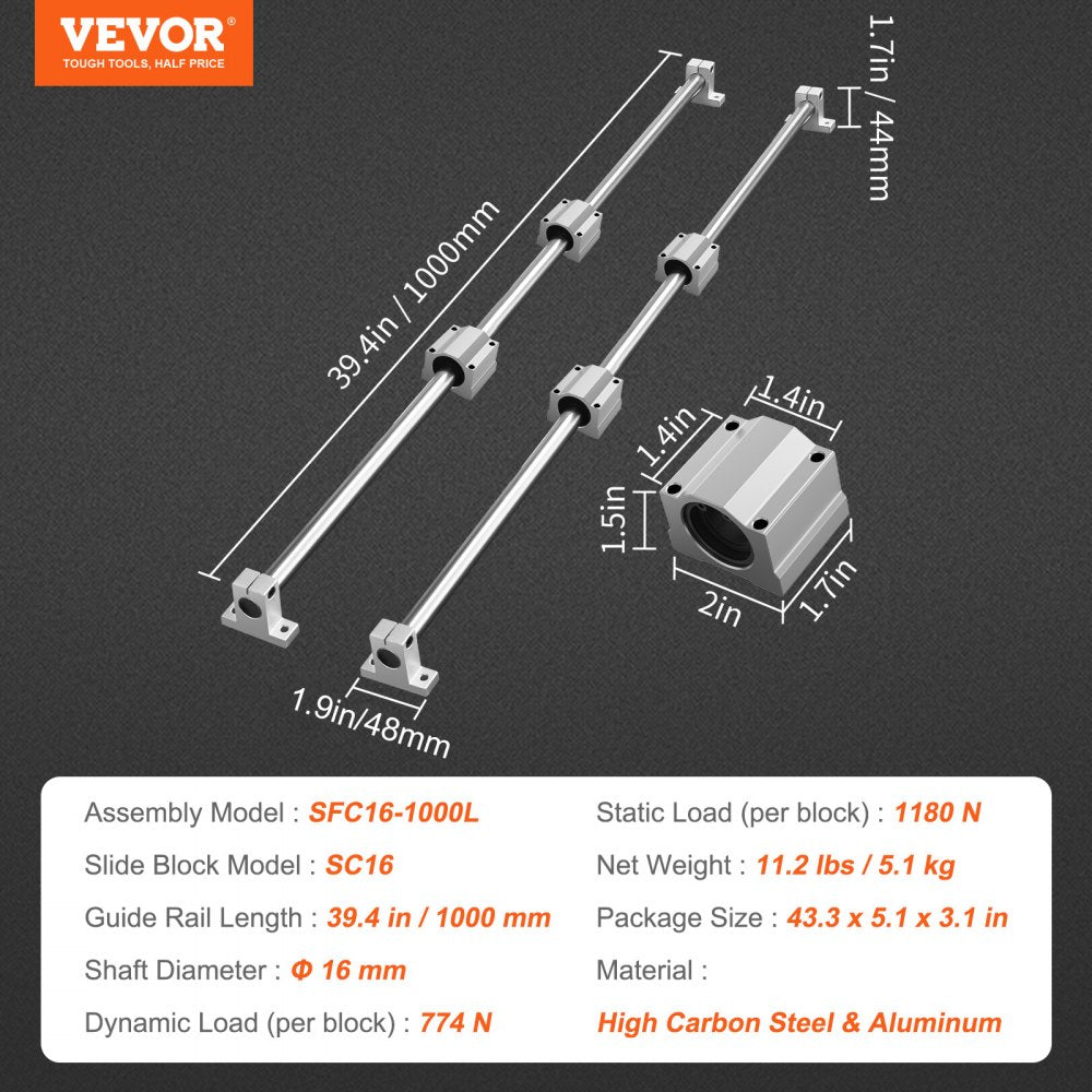 SFC16-1000L - Durable Aluminum Linear Guide Rail Set with Smooth Ball Bearings
