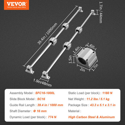 SFC16-1000L - Durable Aluminum Linear Guide Rail Set with Smooth Ball Bearings