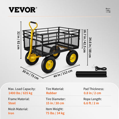 VV-HYTC-1400 - 44" Heavy-Duty Steel Garden Cart for 1400 lbs Capacity