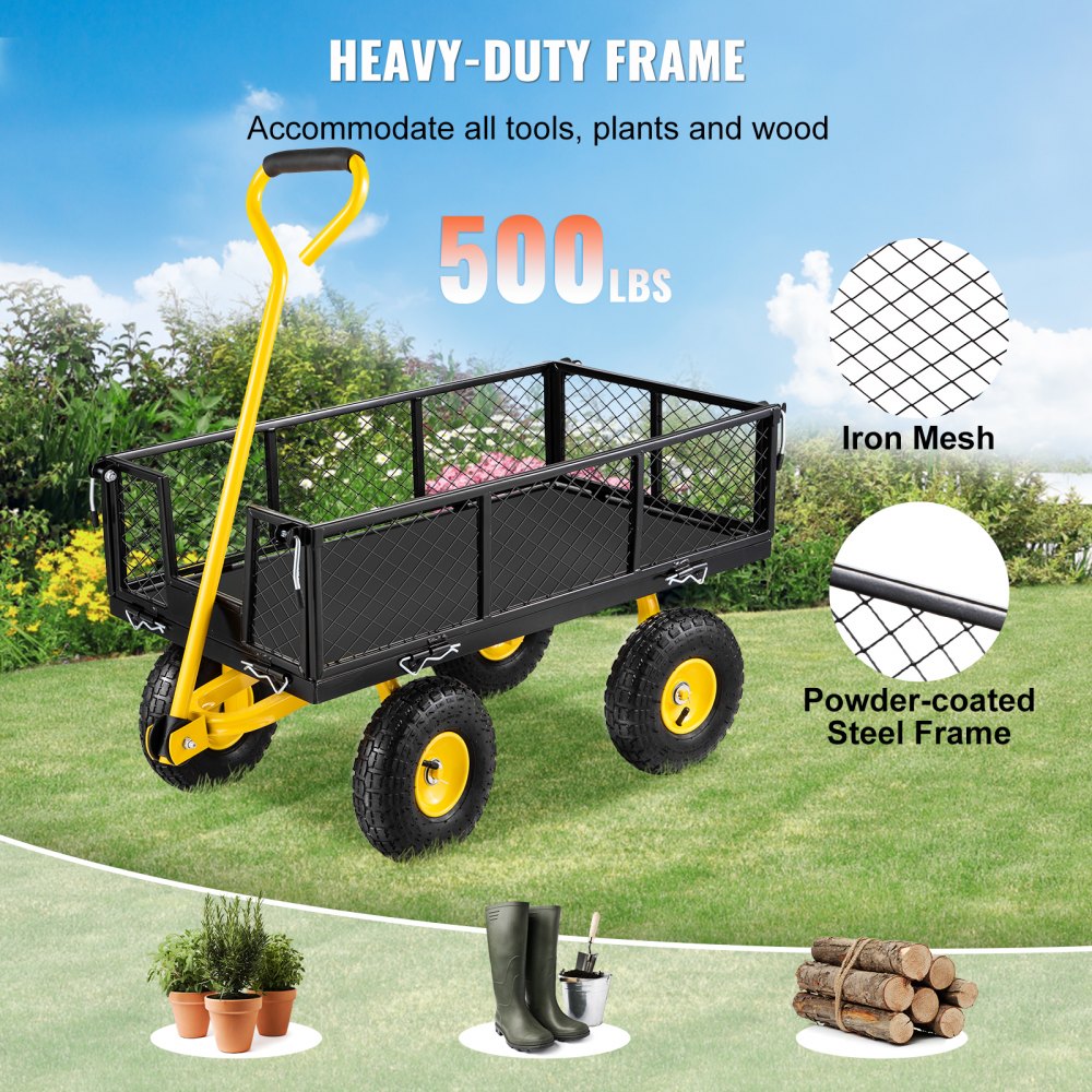 VV-HYTC-500 - Heavy-Duty Steel Garden Cart, 500 lbs Capacity, Flatbed Versatile Design